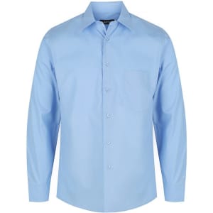 A light blue button-up shirt with long sleeves and a single chest pocket, featuring a brand logo.