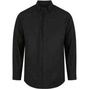 A black long sleeve button-up shirt featuring a collar and a sleek design, with a logo present.