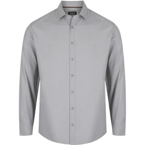 A light grey men's long sleeve button-up shirt featuring a collar and a branded label.