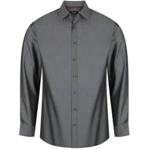 A grey long sleeve button-up shirt with a structured collar and a branding logo on the label.