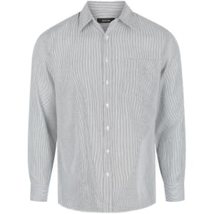 A long sleeve button-up shirt in a light grey striped pattern, featuring a chest pocket and a brand logo.