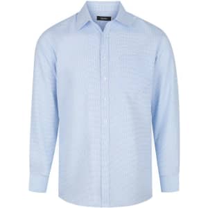 A light blue men's long sleeve button-up shirt with a chest pocket and a logo on the label.