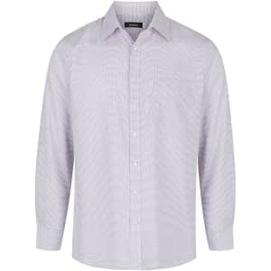 A light purple long sleeve button-up shirt with a chest pocket and a logo on the label.