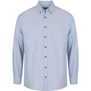 A light blue men's long sleeve button-up shirt featuring a single chest pocket and a branded logo.