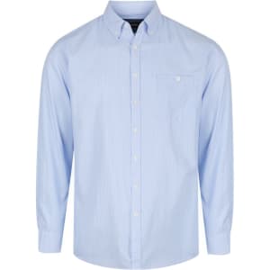 A light blue men's long sleeve button-up shirt with a pocket and a collar, featuring a logo.