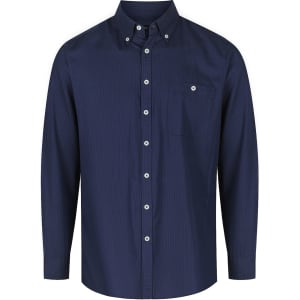 A men's long sleeve button-up shirt in navy blue with a chest pocket and a logo on the shirt.