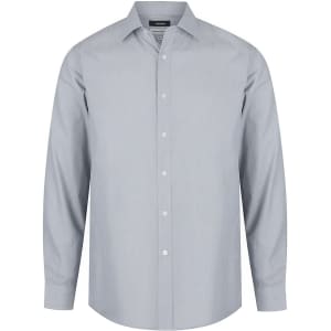 A light grey long sleeve button-up shirt with a collar and a logo on the label.