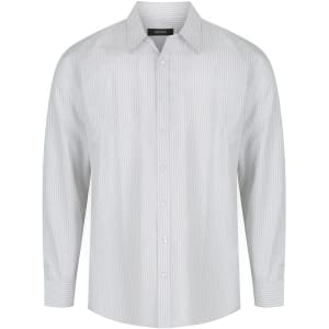 A long sleeve button-up shirt in a light grey and white striped pattern featuring a collar and front buttons.
