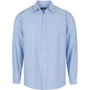 A blue and white striped long sleeve button-up shirt with a collar and branded tag.