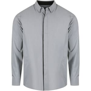 A light grey long sleeve shirt with a button-up front and collar, featuring a logo on the chest.