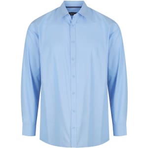 A light blue long sleeve button-up shirt with a collar and a logo on the chest.