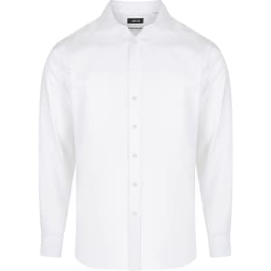 A white long sleeve button-up shirt featuring a classic collar and a logo on the label.