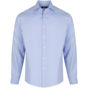 A light blue men's long sleeve button-up shirt with a collar and a logo on the label.