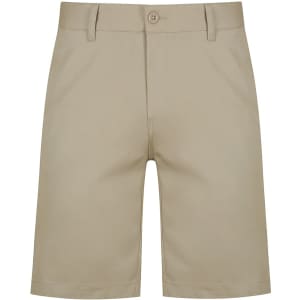 Beige men's chino shorts with a button closure and pockets. Features a logo, tailored for a smart-casual look.