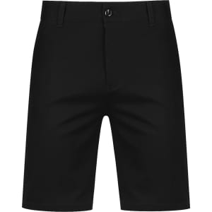 Black dress shorts featuring a classic design and a front button closure. Includes a logo.