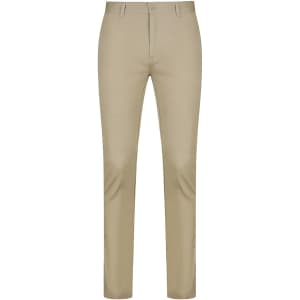 Light beige men's chino pants with a tailored fit and a logo on the waistband.