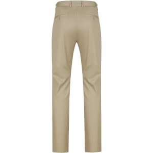 Beige men's chino pants with a slim fit and back pockets, featuring a logo on the rear waistband.