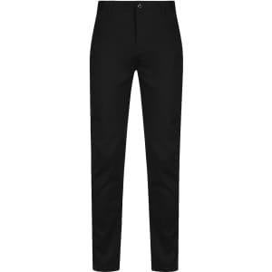 A pair of black chinos featuring a slim fit design and a front button closure.
