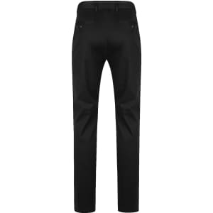 A pair of black men's chino pants, featuring a straight-leg design and back pockets. It has a logo on the waistband.