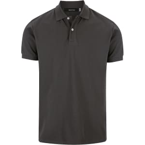 A black men's polo shirt featuring a classic collar and two-button placket, with a logo on the chest.