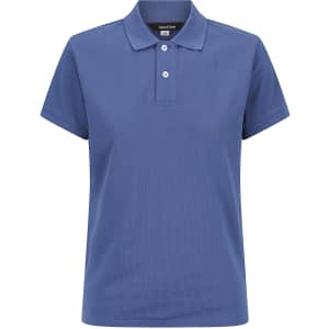 A ladies' polo shirt in navy blue featuring a classic collar and three buttons, with a logo on the label.