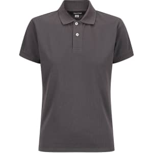 A ladies' polo shirt in dark grey, featuring a classic collar and button placket, with a logo on the label.