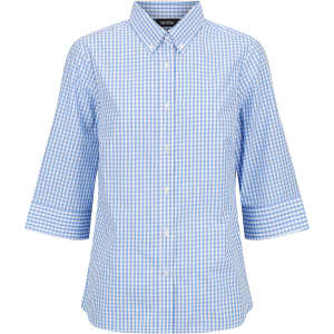 A blue and white checked button-up shirt with 3/4 sleeves and a collar. It features a logo.