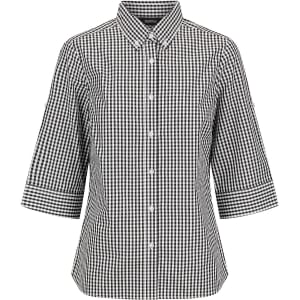 A black and white checked ladies' 3/4 sleeve button-up shirt with a collar and branding.