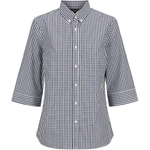 A button-up shirt featuring a black and white gingham pattern, with 3/4 sleeves and a collared neckline.