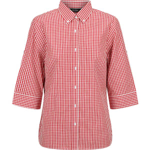 A red and white checkered 3/4 sleeve button-up shirt with a collar and a logo.