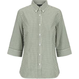 A green and white check-patterned ladies' 3/4 sleeve button-up shirt with a collar, featuring branding.