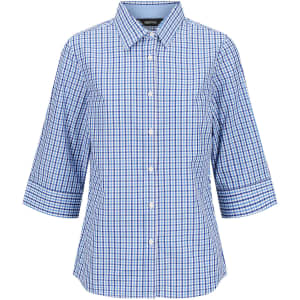 A button-up shirt featuring a blue and white check pattern, with 3/4 sleeves and a collar. It has a logo on the label.