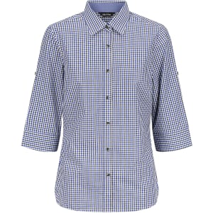 A blue and white checkered 3/4 sleeve ladies button-up shirt with a collar and a logo.