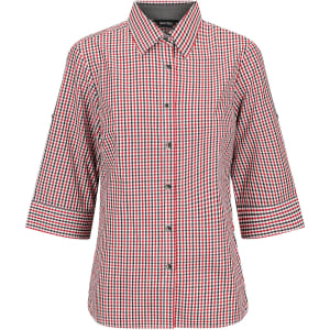 A red, black, and white checkered ladies' 3/4 sleeve button-up shirt with a logo.