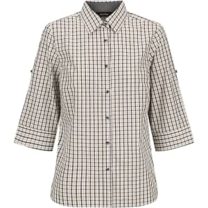 A button-up shirt in a checkered pattern with 3/4 sleeves, featuring navy and cream colours. Includes a logo.