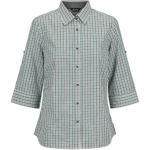 A 3/4 sleeve button-up shirt featuring a green and white checkered pattern. The shirt has a collar and button closure.