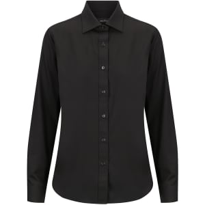 A ladies long sleeve button-up shirt in black with a classic collar and button front. Features a logo branding.