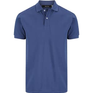 A men's polo shirt in navy blue with a collar and three-button placket, featuring a brand logo.