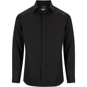 A black long sleeve button-up shirt featuring a standard collar and a logo on the label.