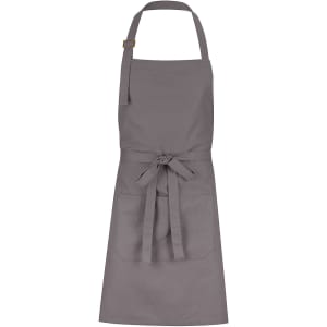 A grey bib apron featuring a waist tie and pocket, with an adjustable neck strap and branding.