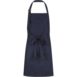 A navy blue bib apron featuring a front pocket and a tie waist, with a logo on the upper area.