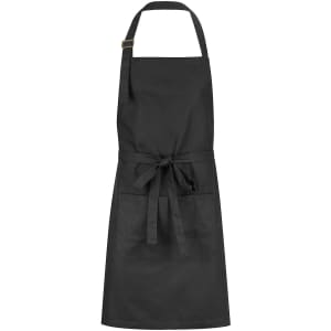 A black bib apron featuring a front pocket and a waist tie, with an adjustable neck strap and a logo.