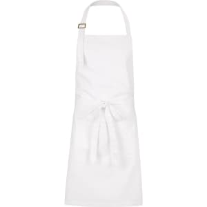 A white bib apron featuring a belt and pockets, with a simple design and a logo.