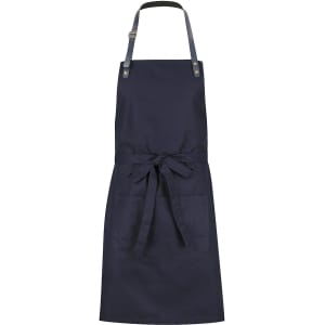 A navy blue bib apron with a tied waist and front pockets, featuring a logo on the fabric.