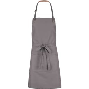 A grey bib apron with adjustable straps and a front pocket, featuring a logo on the fabric.