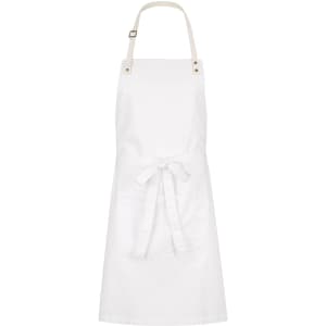 A white apron with a detachable neck strap and a front pocket, featuring gold hardware accents.