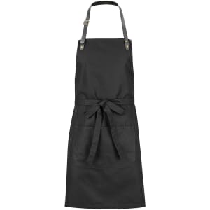 A black bib apron featuring a tie front and a front pocket, with a logo on the upper portion.