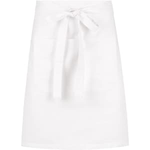 A white waist apron featuring a front pocket and a tying belt at the waist. It has a simple and clean design.