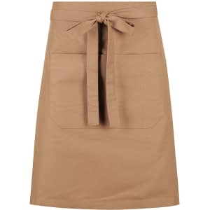 A brown waist apron featuring a tie at the waist and two front pockets. It has a simple design and includes branding.