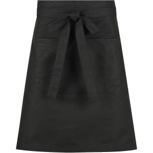 A black waist apron with a bow tie and two front pockets, featuring a logo on the fabric.